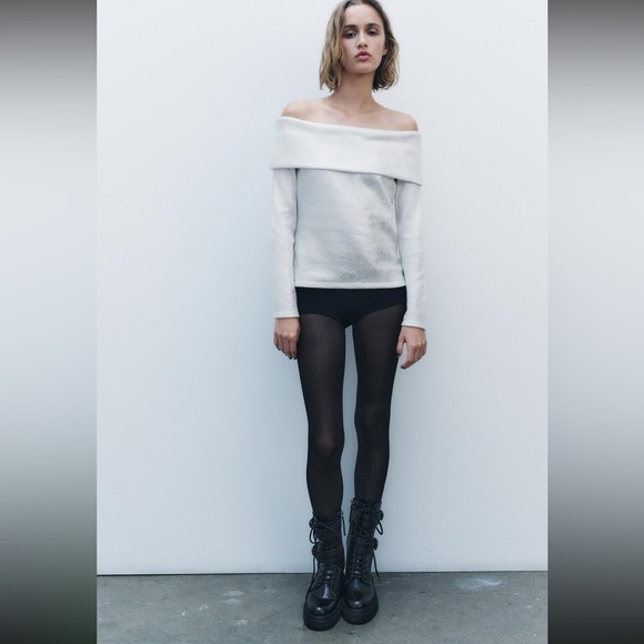 Zara exposed shoulder metallic sweater silver foil - Picture 4 of 13